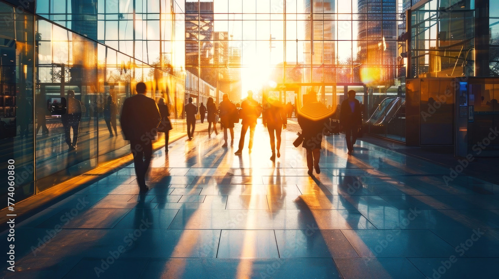 Dynamic silhouette of commuters walking in a sun-drenched glass corridor Dynamic silhouette of commuters walking in a sun-drenched glass corridor