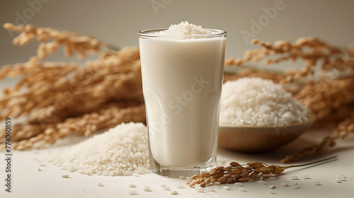 Glass of milk with wheat ears and bowl of flour on a beige background.