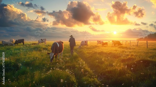 Sunset cow feeding by mature farmers photo