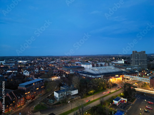 Aerial Night Footage of Illuminated Aylesbury Town of England UK