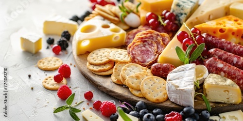 Appetizers table with different antipasti like cheeses, sausages, crackers and berries