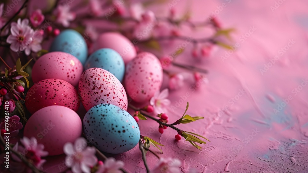 Colorful easter eggs on a pink background with spring flowers.