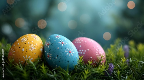 Easter eggs in green grass with bokeh lights background.