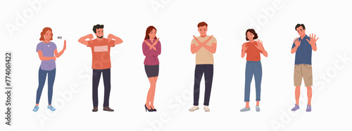 Young woman and man shows a negative gesture and stop.Vector cartoon flat style illustration