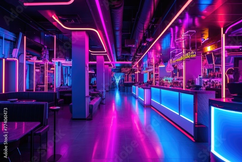Neon-lit nightclub interior with a lively atmosphere, Vibrant nightclub interior adorned with neon lights, creating a lively ambiance. © SaroStock