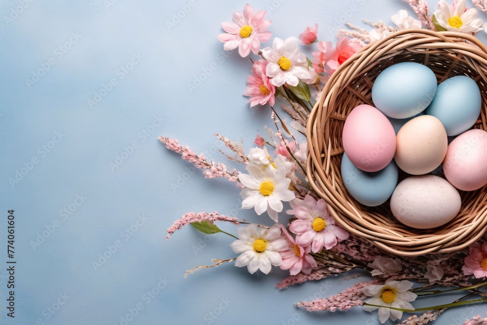 Colorful Easter Eggs in Wicker Basket with Spring Flowers