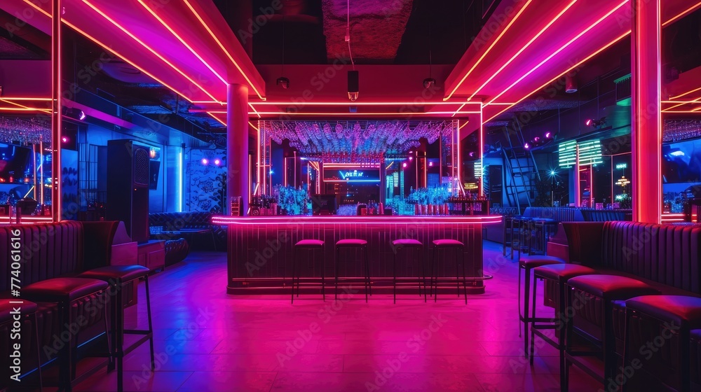 Neon-lit nightclub interior with a lively atmosphere, Vibrant nightclub interior adorned with neon lights, creating a lively ambiance.