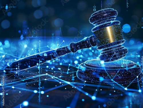 high tech blue Digital gavel surrounded by digital data on blue bokeh background , representing the role of AI in business justice.  judge hammer. photo
