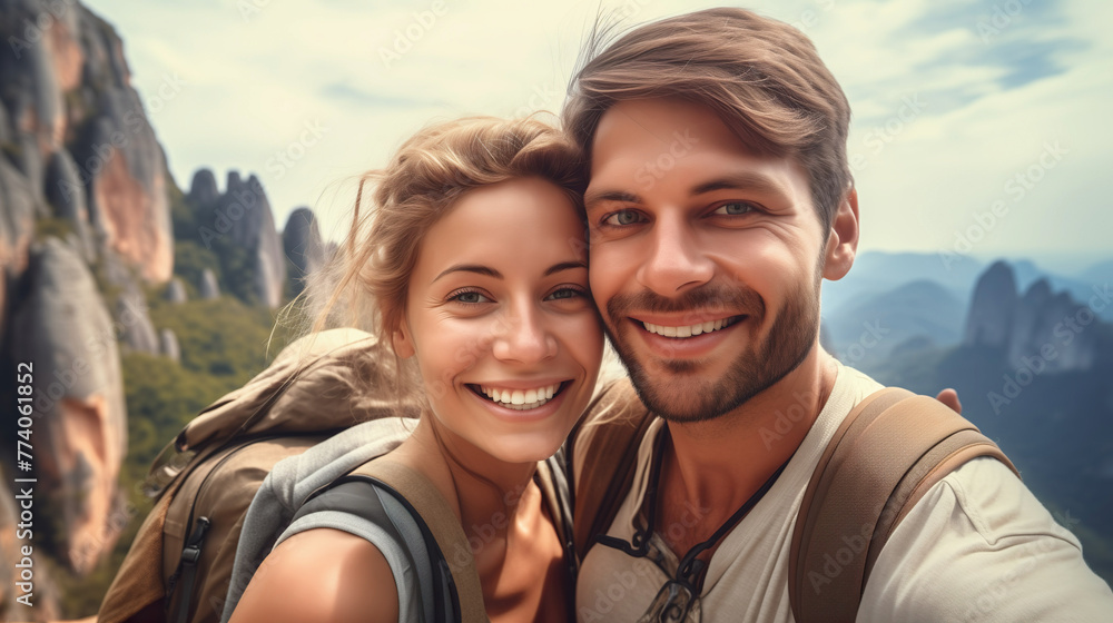 Happy young couple travel and hikeing outdoor adventure in summer. Pretty smiling people are active in nature and taking selfie portrait on phone. Cheerful couple enjoying backpacking life
