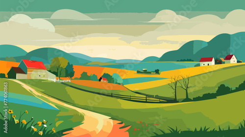 River Flowing Through Rural Landscape Painting vector illustration