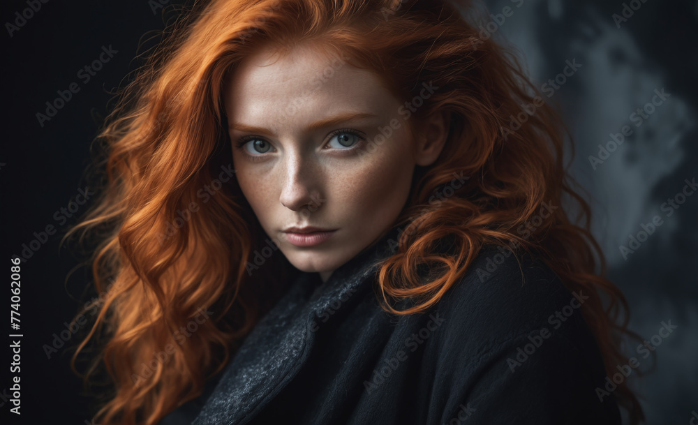 Portrait of a beautiful red-haired model, a ginger model with a face of beauty and red hair , detailed