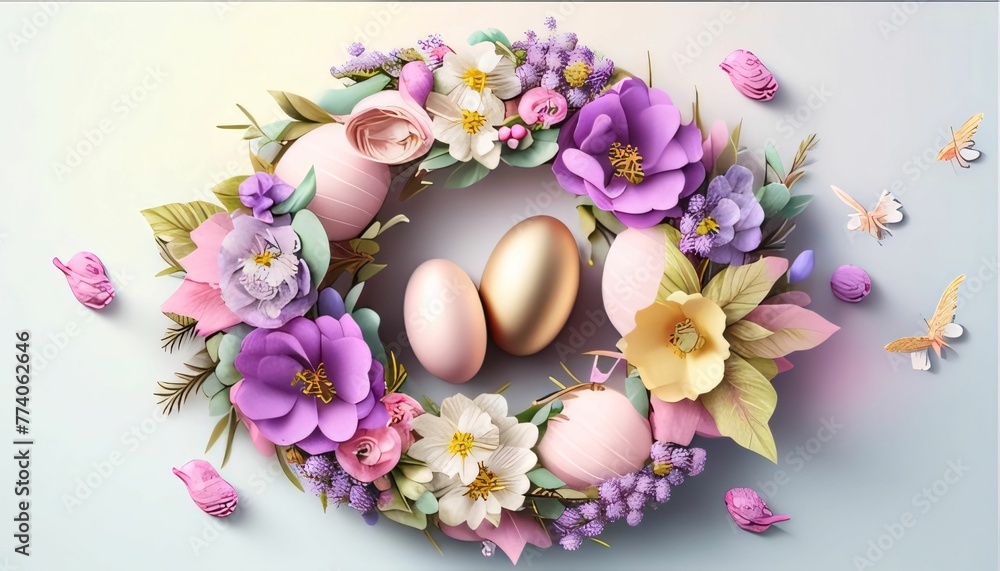 Easter egg with floral wreath on white background. 3d illustration