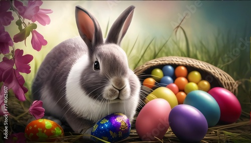 Easter Bunny With Colorful Eggs In Spring Nature © Hawk