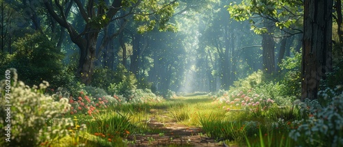 Mysterious forest path leading to a hidden glen, secrets of nature, photorealistic, vibrant colors in natural light ,3DCG,clean sharp focus