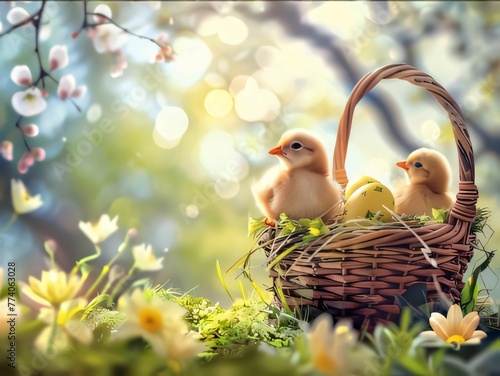 Easter basket with yellow chickens and spring flowers on bokeh background © Hawk