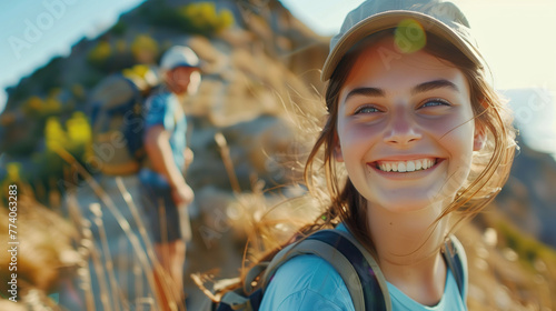 Happy young couple travel and hikeing outdoor adventure in summer. Pretty smiling people are active in nature and taking selfie portrait on phone. Cheerful couple enjoying backpacking life