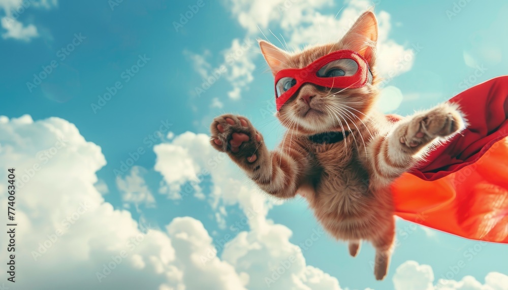 A cat wearing a red superhero costume is flying through the air by AI generated image - obrazy, fototapety, plakaty 