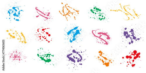 Overlay, elements of color paint splatter, set. Vector illustration
