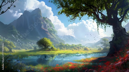 Lush green trees border a sparkling river reflecting a bright summer sky in a scenic forest landscape nature wallpaper.