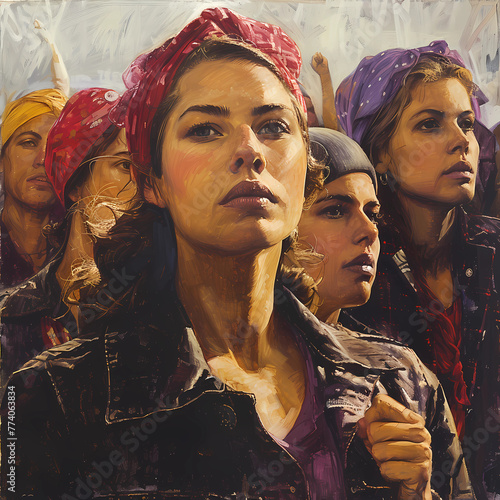 A painting of four women with red bandanas on their heads photo