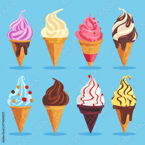 Ice cream constructor.Different colorful scoops and waffle cone for create your own.Set of various flavors