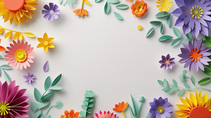 Colorful Paper Craft Flowers Border on White Background