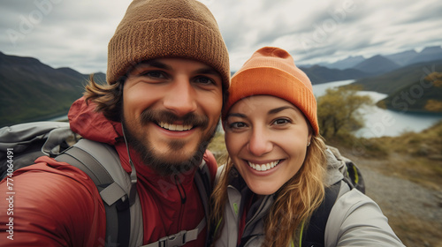 Happy young couple travel and hikeing outdoor adventure in summer. Pretty smiling people are active in nature and taking selfie portrait on phone. Cheerful couple enjoying backpacking life
