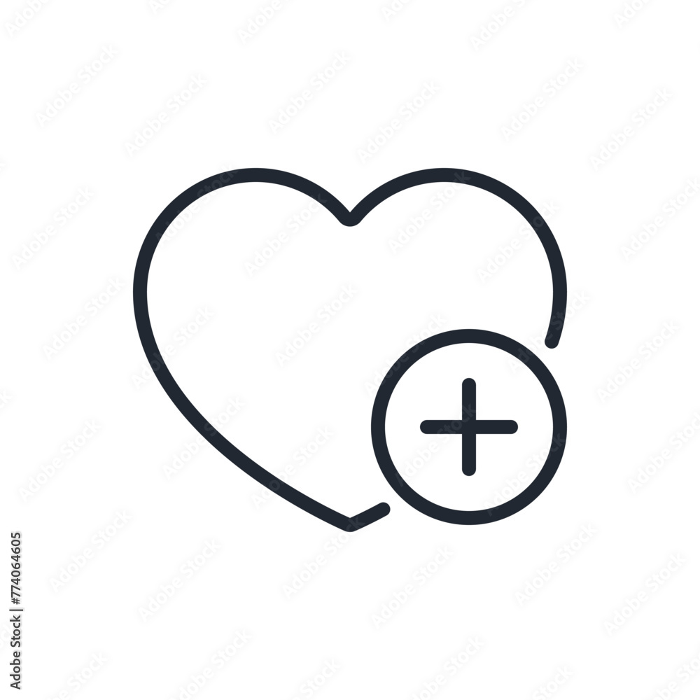 Heart shape with plus sign. Add to favorite concept editable stroke outline icon isolated on white background flat vector illustration. Pixel perfect. 64 x 64. Heart shape with plus sign. Add to favorite concept editable stroke outline icon isolated on white background flat vector illustration. Pixel perfect. 64 x 64.