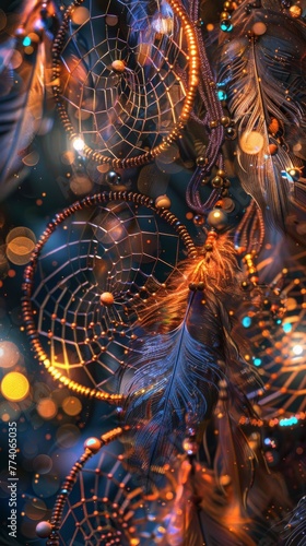 Dreamcatcher with feathers, beads, and woven nets adorned with small, psychedelic patterns and soft, glowing lights. This design symbolizes dreamy wanderlust created with Generative AI Technology