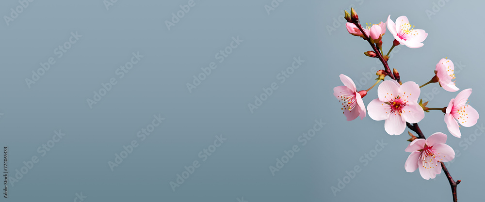 pink cherry blossoms branch on a soft blue background with copy space for texts, panoramic cover banner, spring time concept pink cherry blossoms branch on a soft blue background with copy space for texts, panoramic cover banner, spring time concept