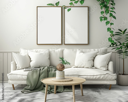 Modern cream style with sofa and green leaf decoration on the back