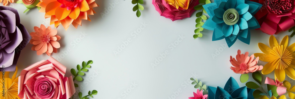 Vibrant Paper Flower Border with Central Copy Space Vibrant Paper Flower Border with Central Copy Space