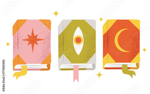 Set with 3 spell books, hand drawn vector illustration in flat design
