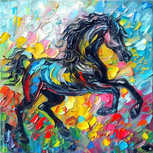 Abstract Oil Painting Horse Mural with Bold Brushstrokes and Knife Painting Techniques