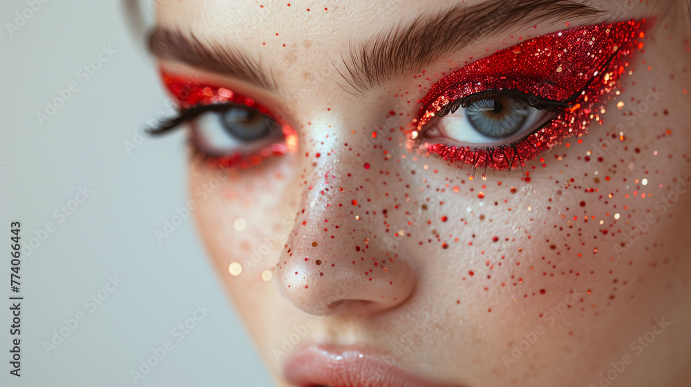 Close-up of a person with glittery red eye makeup, highlighting a creative and bold cosmetic look.