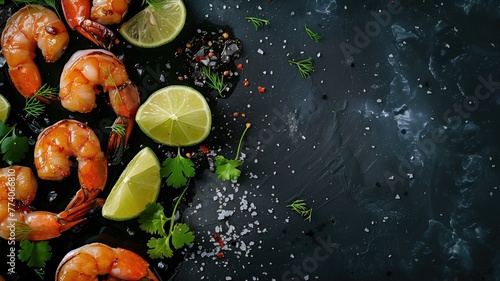 Cooked shrimps with lime and herbs on a wet dark slate background