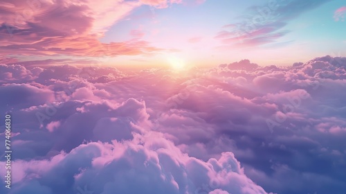 Abstract background with pink, purple and blue colors clouds. Sunset sky above the clouds. Dreamy fantasy background in soft pastel colors.