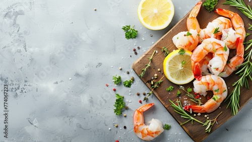 Fresh shrimps with lemon and herbs on a wooden board, ready for cooking