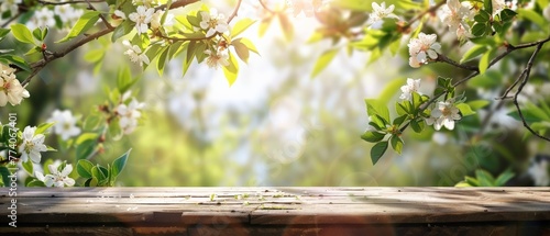 Spring background with blossoms and wooden table. Spring garden on background. 
