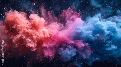 A pink and blue explosion is illustrated on a black background.