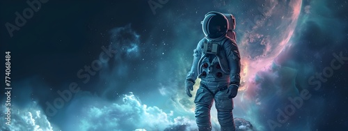 A lone astronaut in a spacesuit explores a fantastical planet  Earth a distant memory concept.