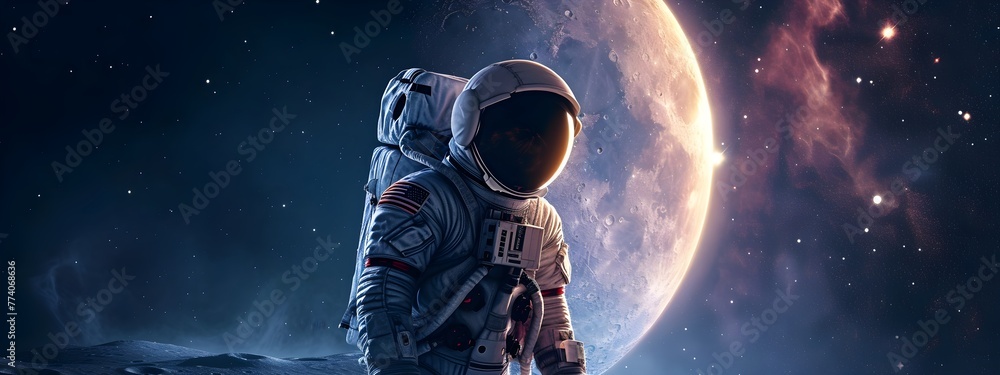 Naklejka premium A lone astronaut in a spacesuit explores a fantastical planet, Earth a distant memory concept.
