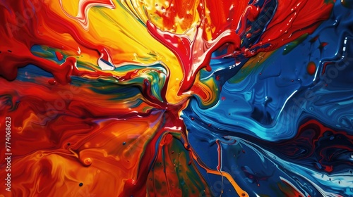 A unique and original abstract background created as several different bright colors of paint flow together on a rotating canvas.