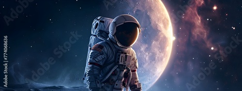 A lone astronaut in a spacesuit explores a fantastical planet, Earth a distant memory concept.