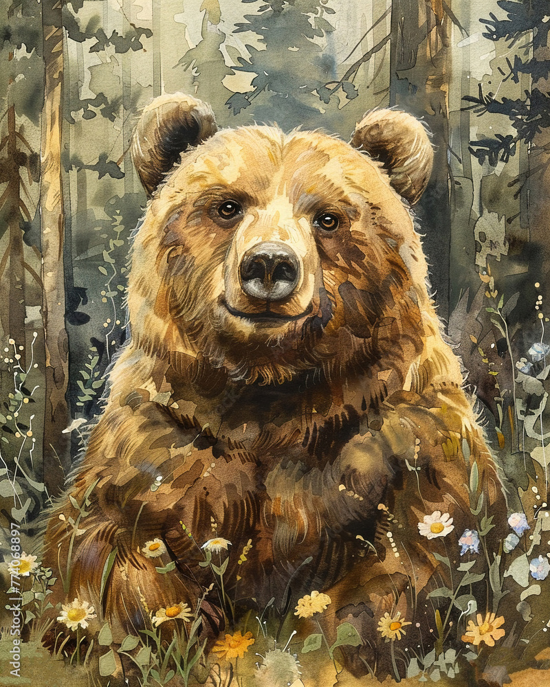 Honey-loving bear, watercolor forest background, tranquil home setting, soothing palette