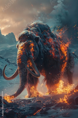 Fiery mammoth on Earth, elemental clash, ancient terrain, wild flame, primal energy, 3D render