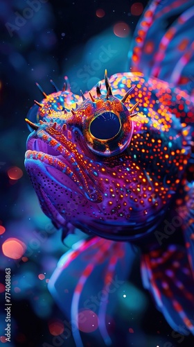 Glowing monster fish, neon lights, deep ocean exploration, surreal encounter