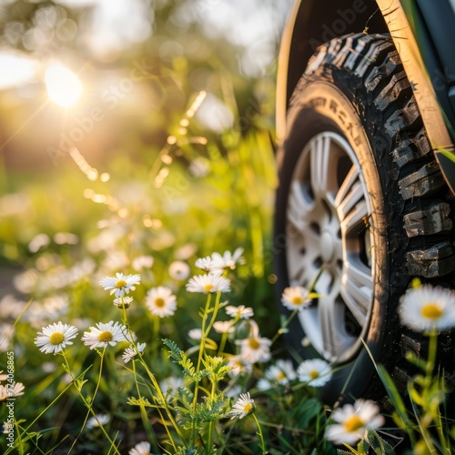 Fototapeta Naklejka Na Ścianę i Meble -  Closeup of car tire with summer nature background, spring meadow landscape with daisies and wild flowers under the sunlight, copy space concept banner for all terrain tires ad, travel trip vacation id