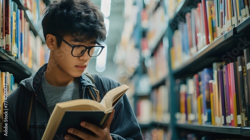 A nerd man studying in a college library, surrounded by books and bookshelves, one person reading a book. photo