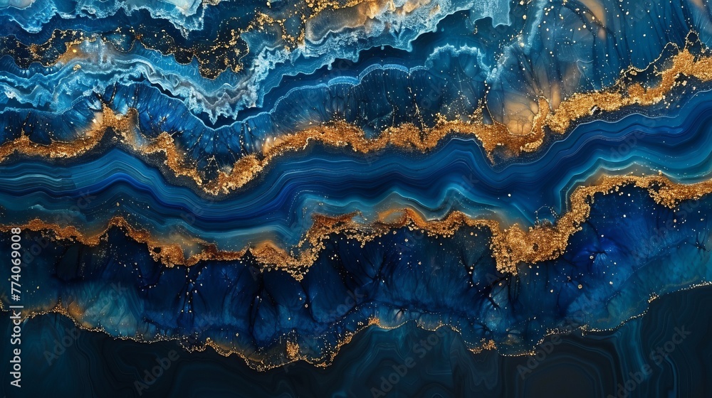 A gorgeous blue paint with gold powder accompanied by swirls of marble or ripples of agate. This abstract ocean is ART. A natural luxury.